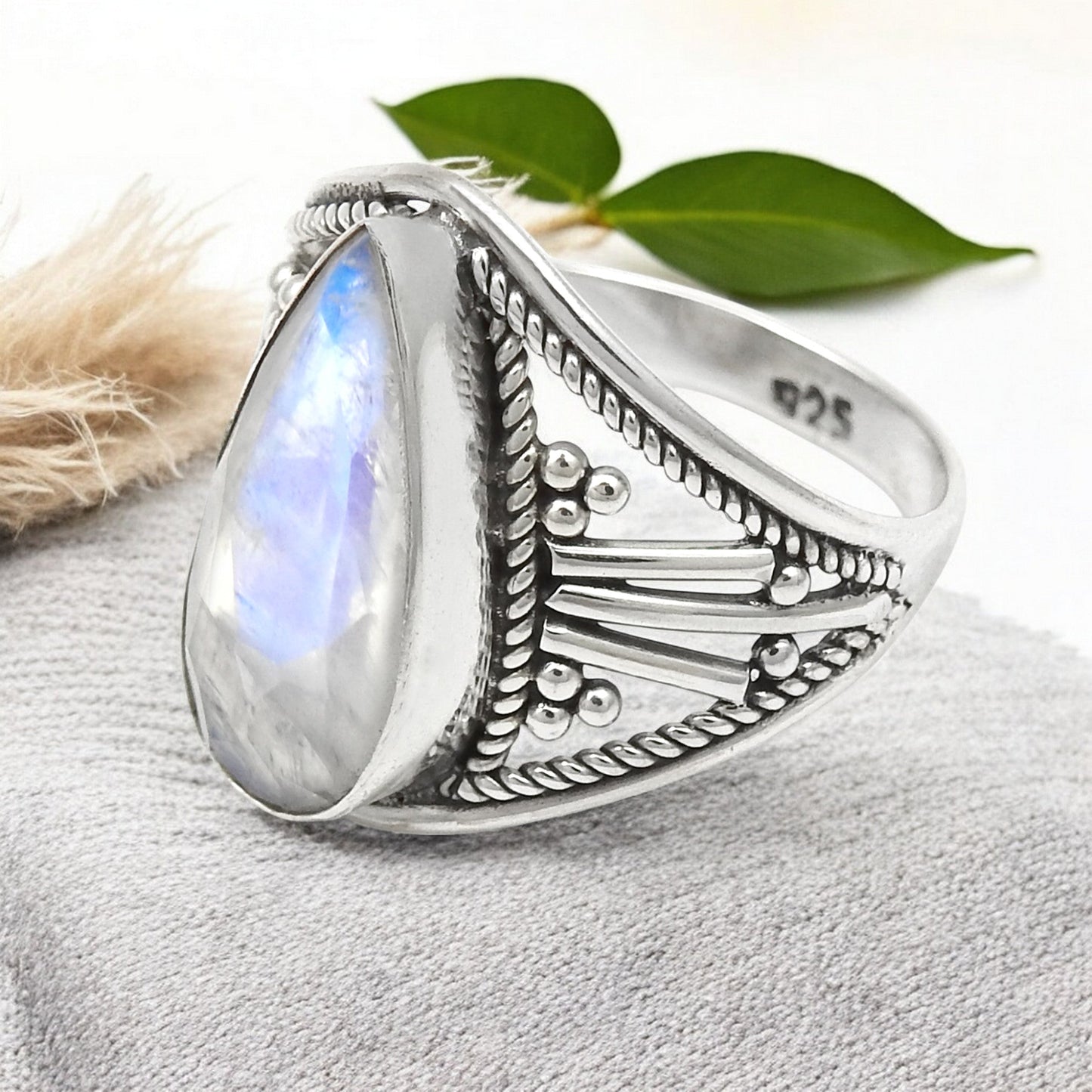 Pear Rainbow Moonstone 925 Silver Cocktail Handmade Ring Jewelry Size 7