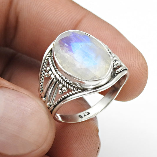 Rainbow Moonstone Bezel Cocktail Ring Jewelry 925 Sterling Silver