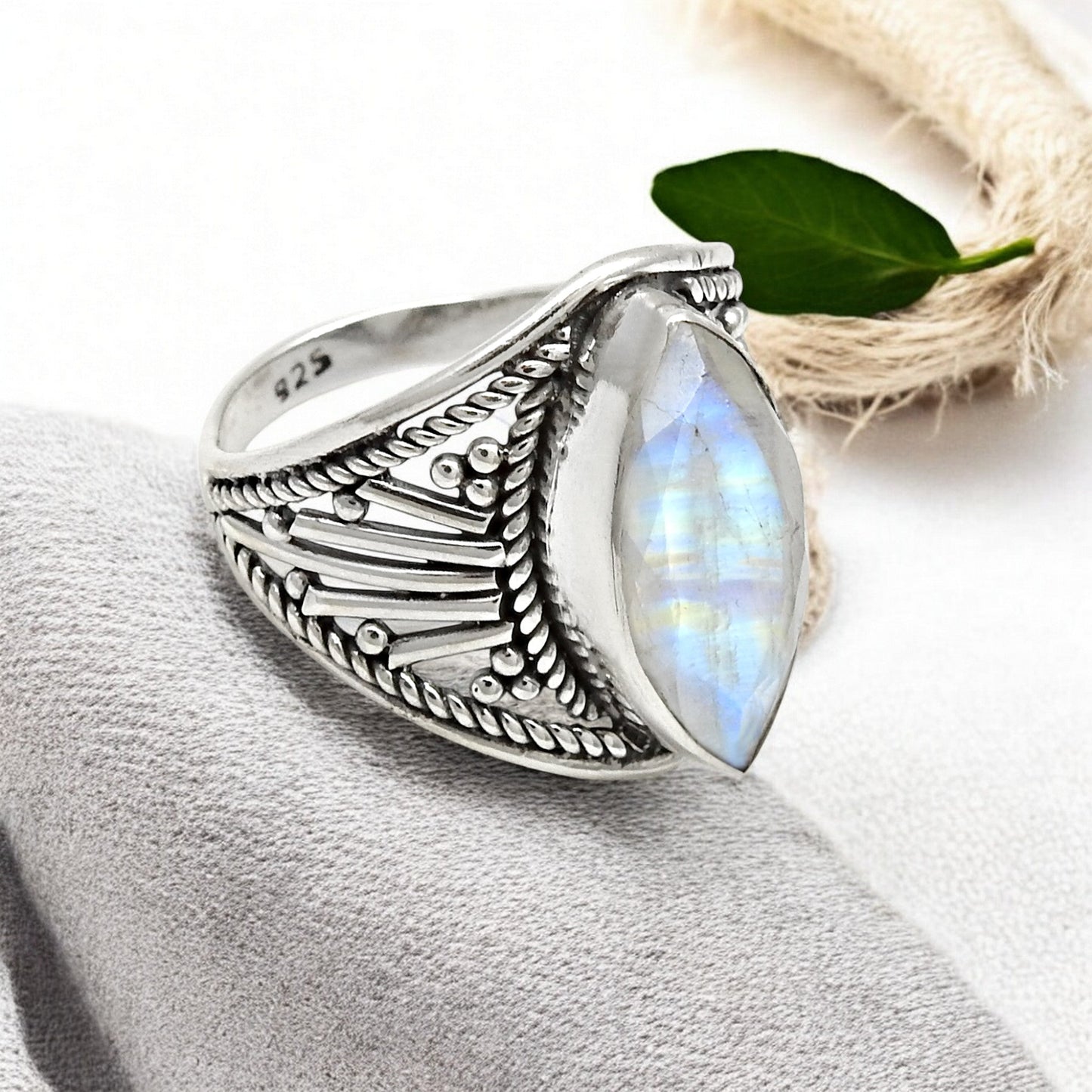 Blue Fire Rainbow Moonstone 925 Sterling Silver Wedding Cocktail Ring