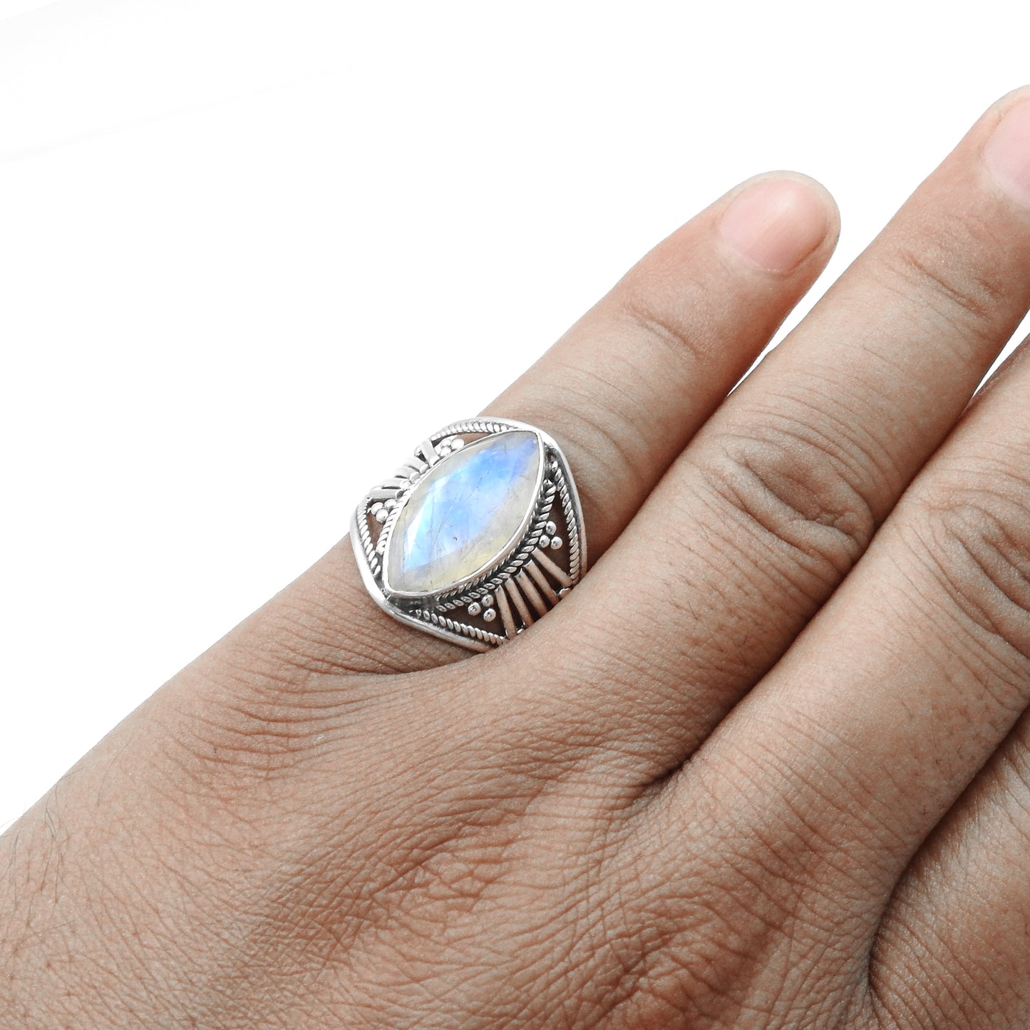 Rainbow Moonstone 925 Sterling Silver Cocktail Ring Size 7.5