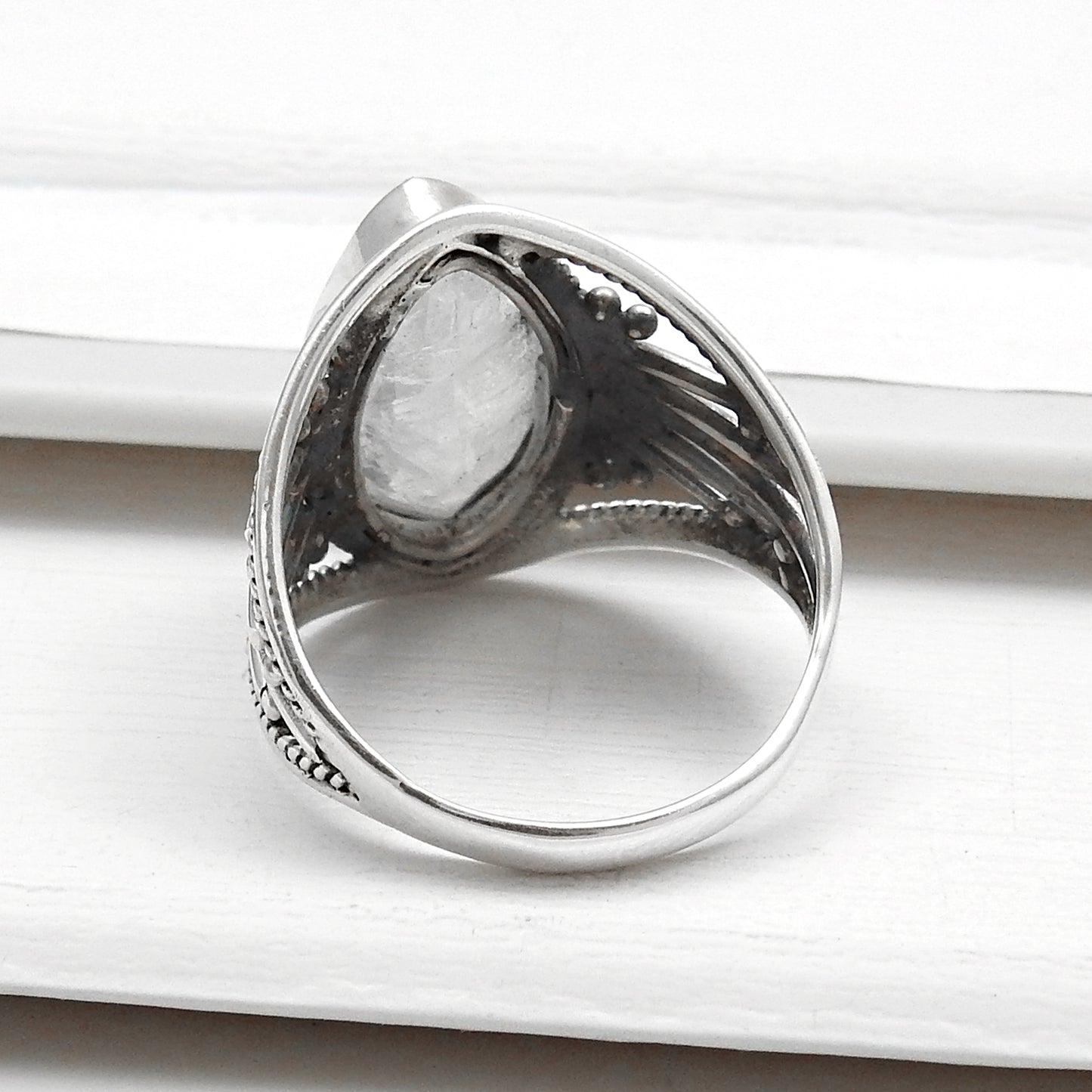 Rainbow Moonstone 925 Sterling Silver Cocktail Ring Size 7.5