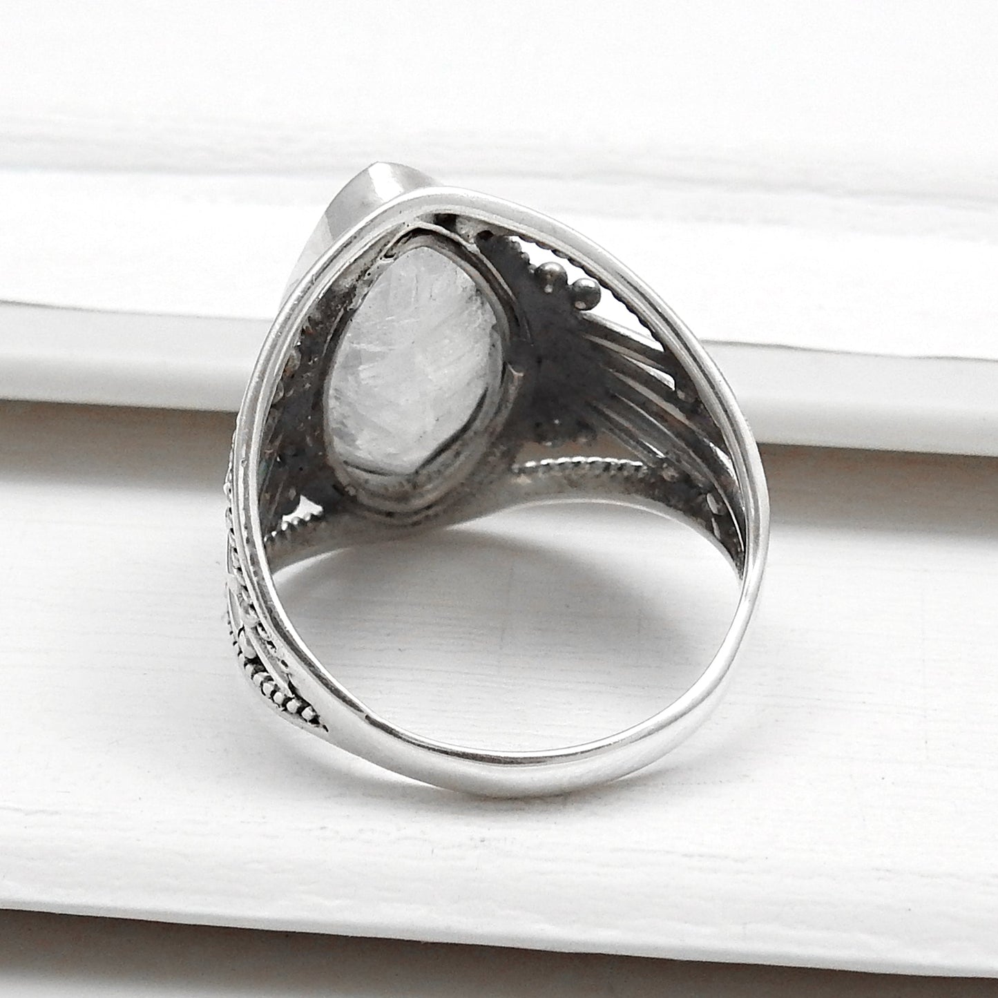 Rainbow Moonstone 925 Sterling Silver Cocktail Ring Size 7.5