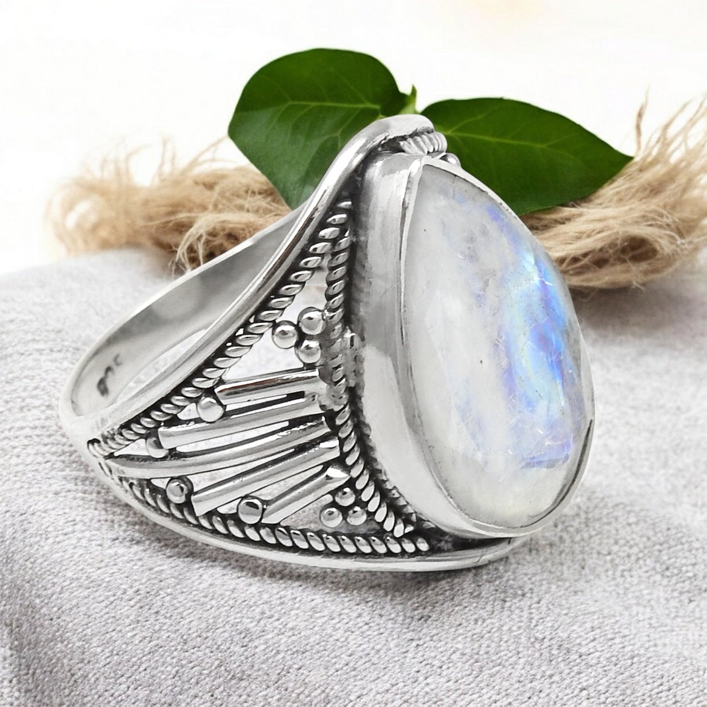 Rainbow Moonstone 925 Sterling Silver Handmade Ring Size 9.5