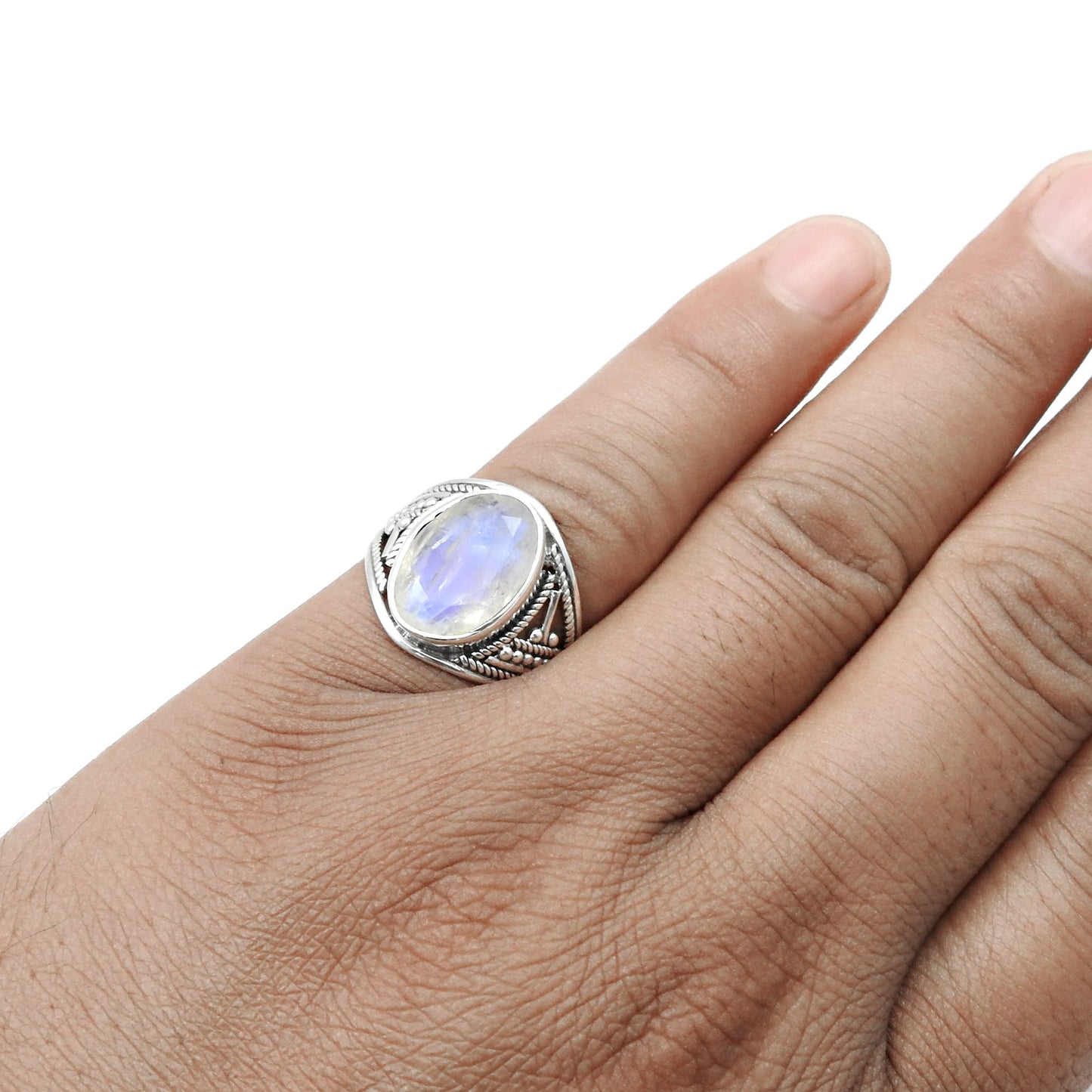 Oval Rainbow Moonstone Solid 925 Silver Crown Chakra Ring Size 7