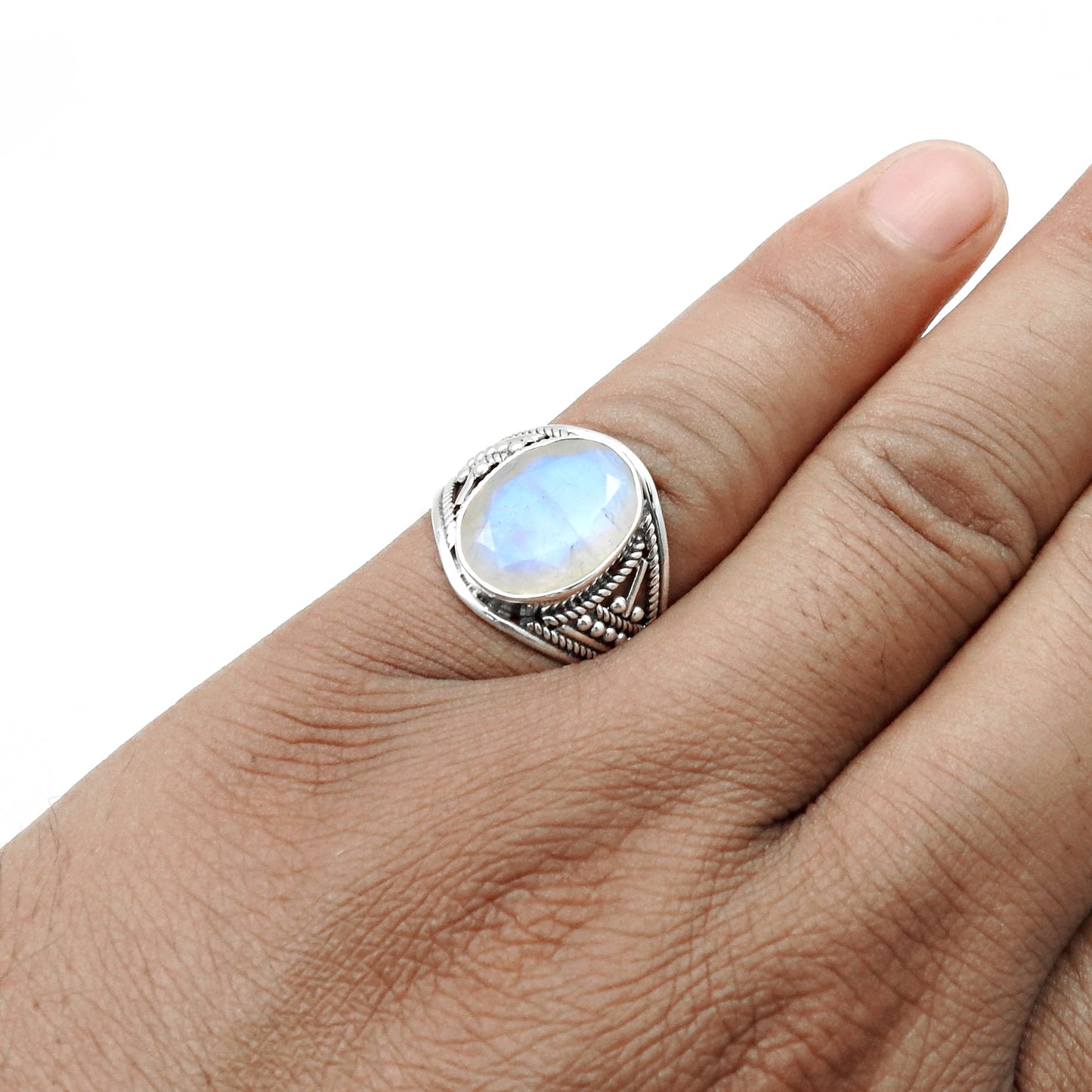 Rainbow Moonstone 925 Sterling Silver Cocktail Ring Size 7
