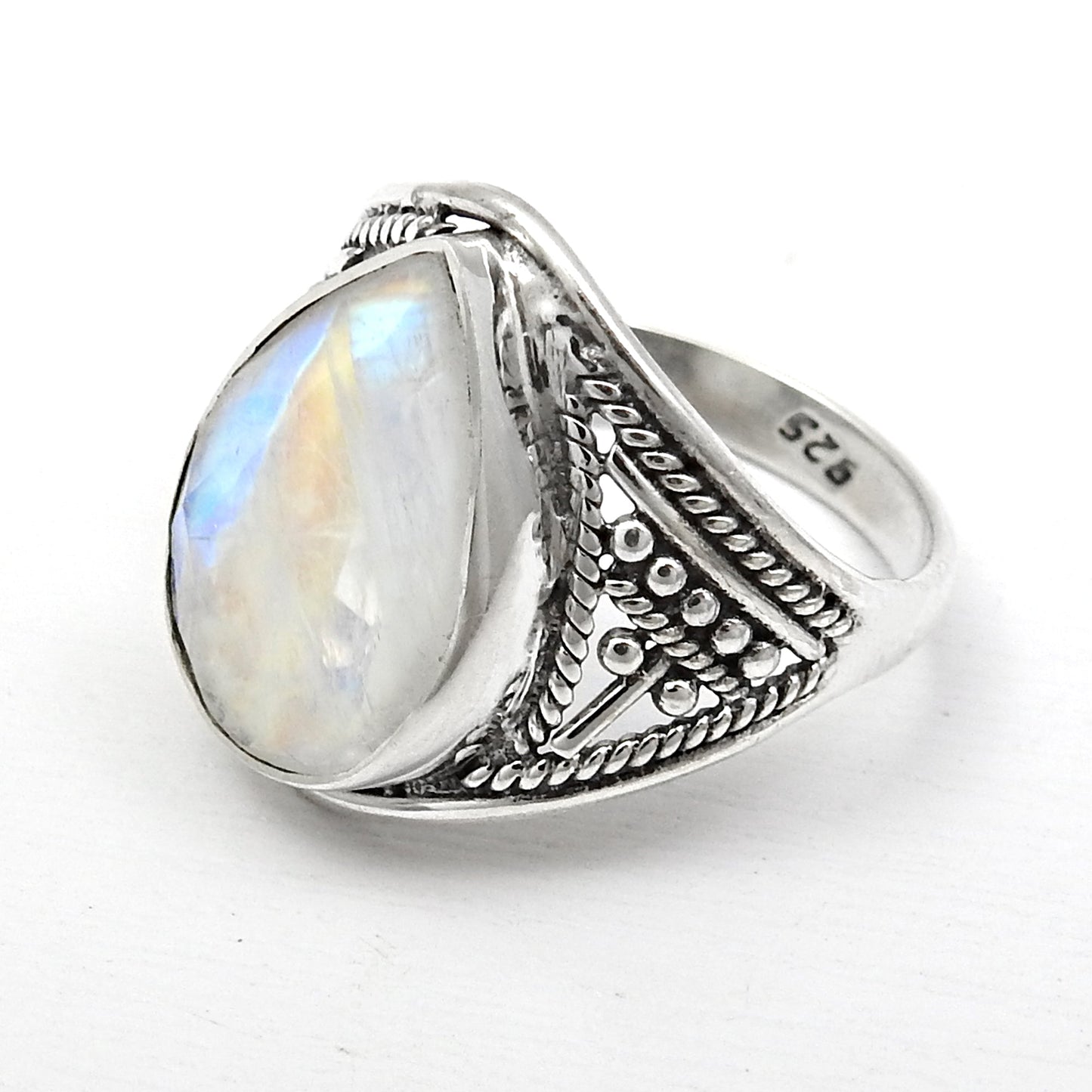 Pear Rainbow Moonstone Solid 925 Sterling Silver Ring Jewelry Size 7