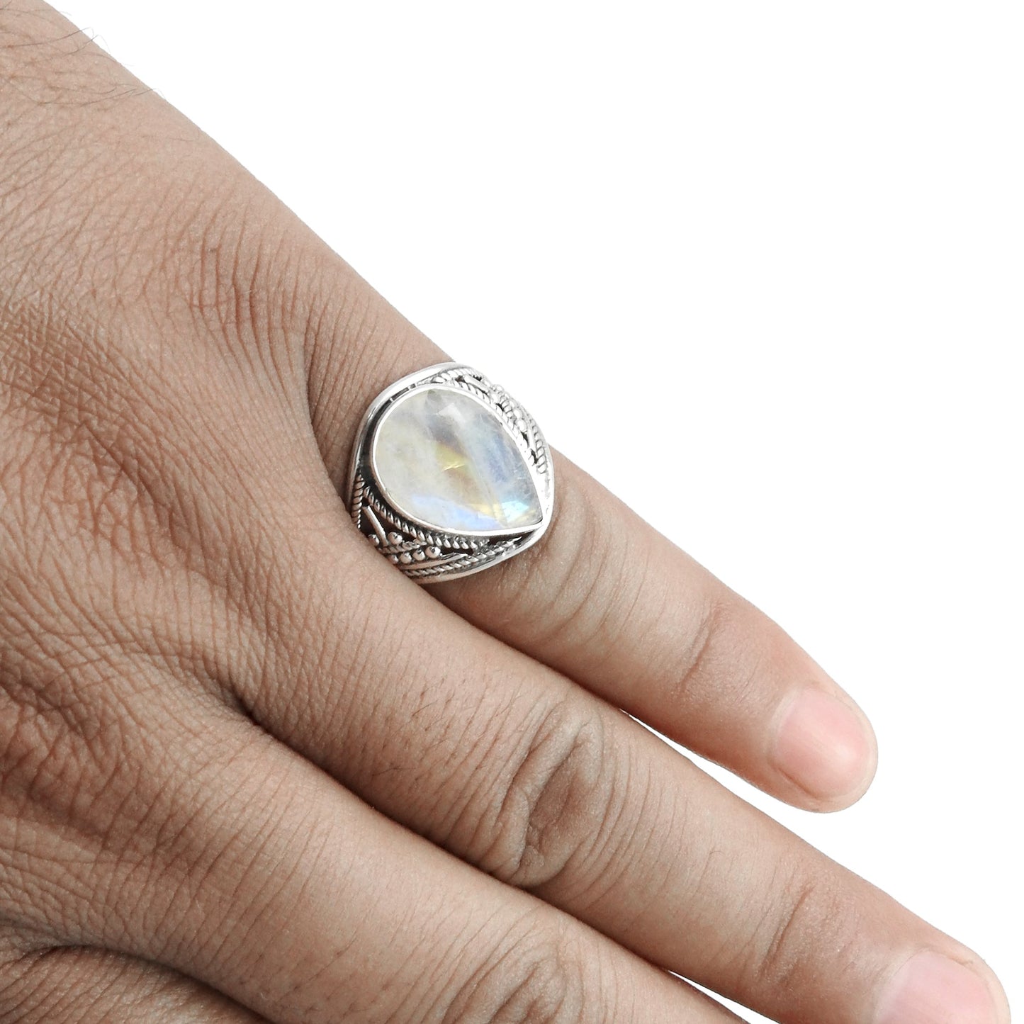 Pear Rainbow Moonstone Solid 925 Sterling Silver Ring Jewelry Size 7