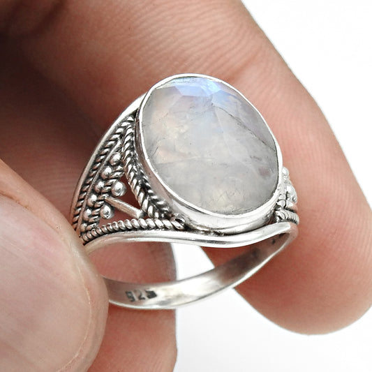 Natural Rainbow Moonstone Solid Sterling Silver Handmade Ring Jewelry Size 7.5