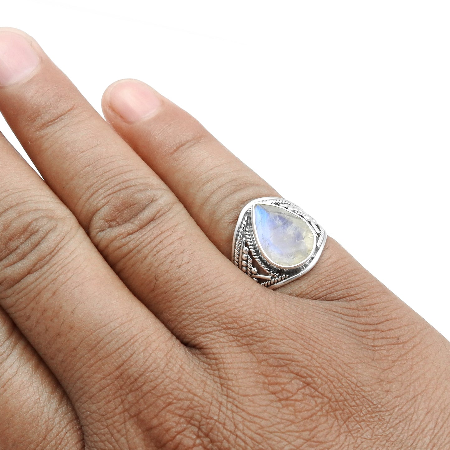 Pear Rainbow Moonstone 925 Silver Bezel Statement Ring Size 6