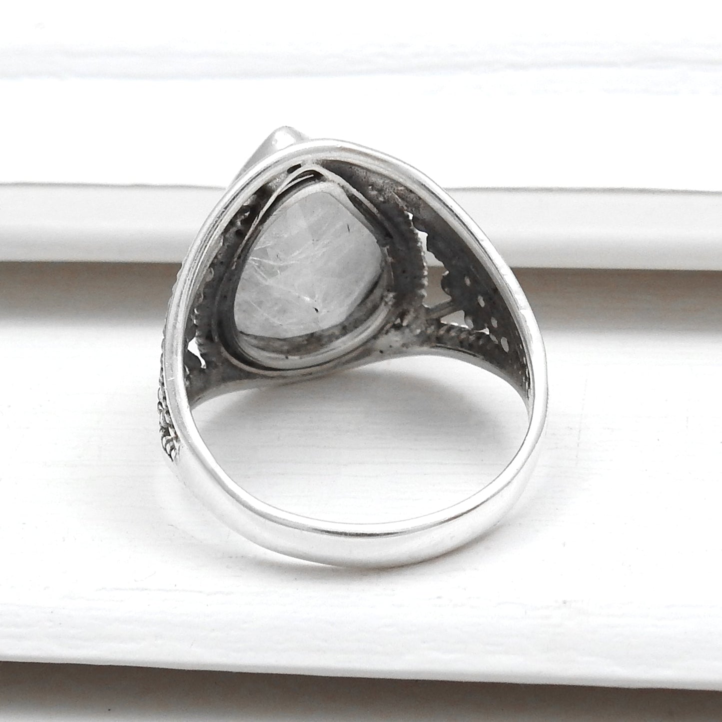 Pear Rainbow Moonstone 925 Silver Bezel Statement Ring Size 6