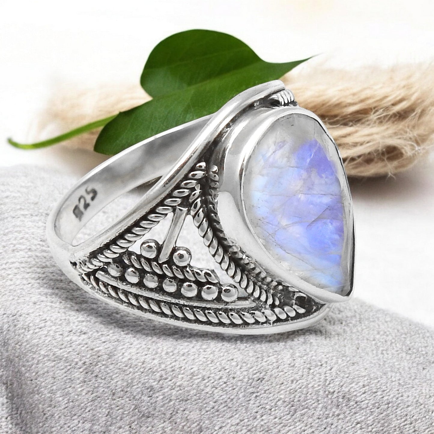 Pear Rainbow Moonstone 925 Silver Bezel Statement Ring Size 6