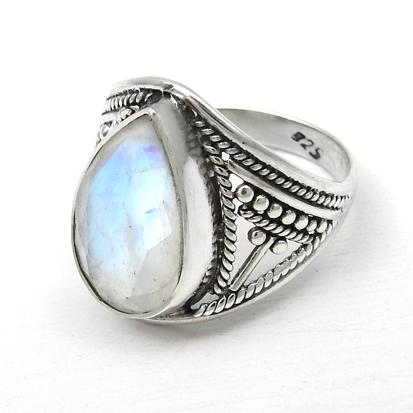 AAA Quality Natural Rainbow Moonstone 925 Sterling Silver Cocktail Ring Size 6.5