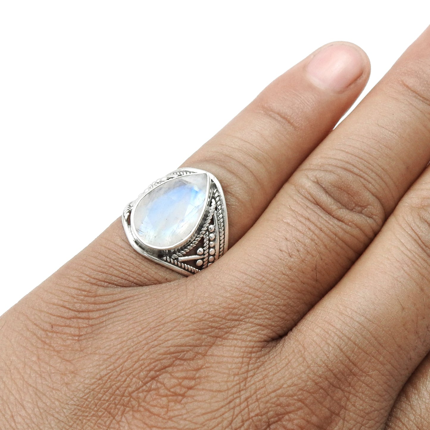 AAA Quality Natural Rainbow Moonstone 925 Sterling Silver Cocktail Ring Size 6.5