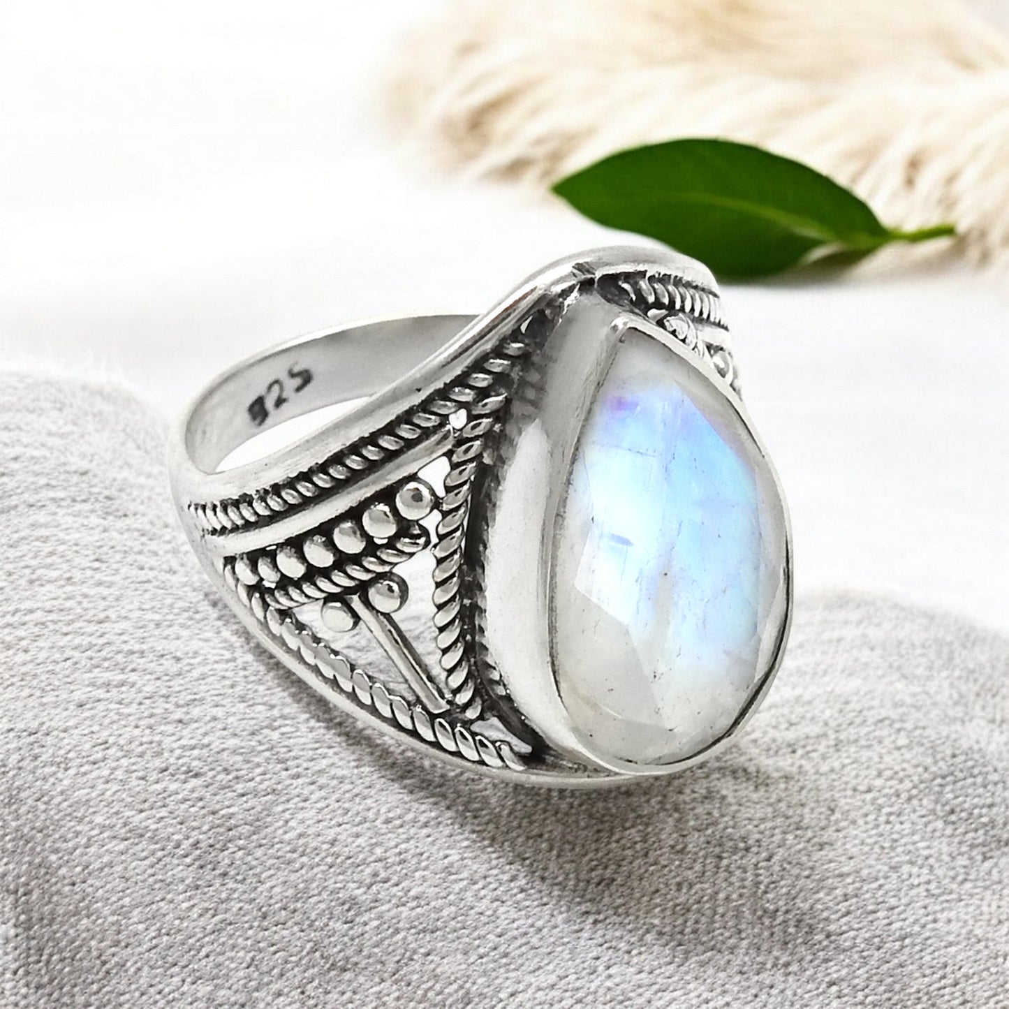 AAA Quality Natural Rainbow Moonstone 925 Sterling Silver Cocktail Ring Size 6.5