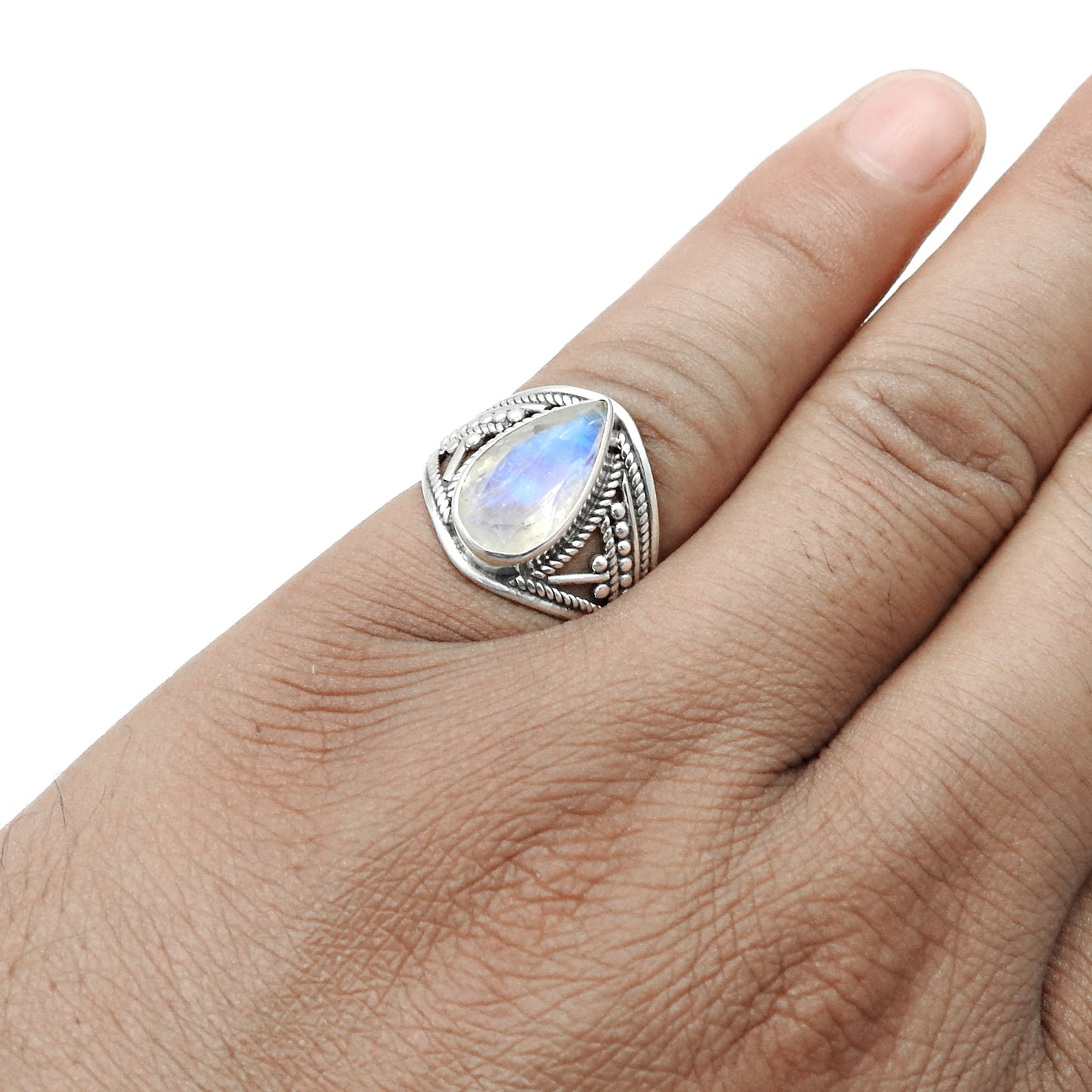 Rainbow Moonstone Sterling Silver Handmade Cocktail Ring Size 6.5
