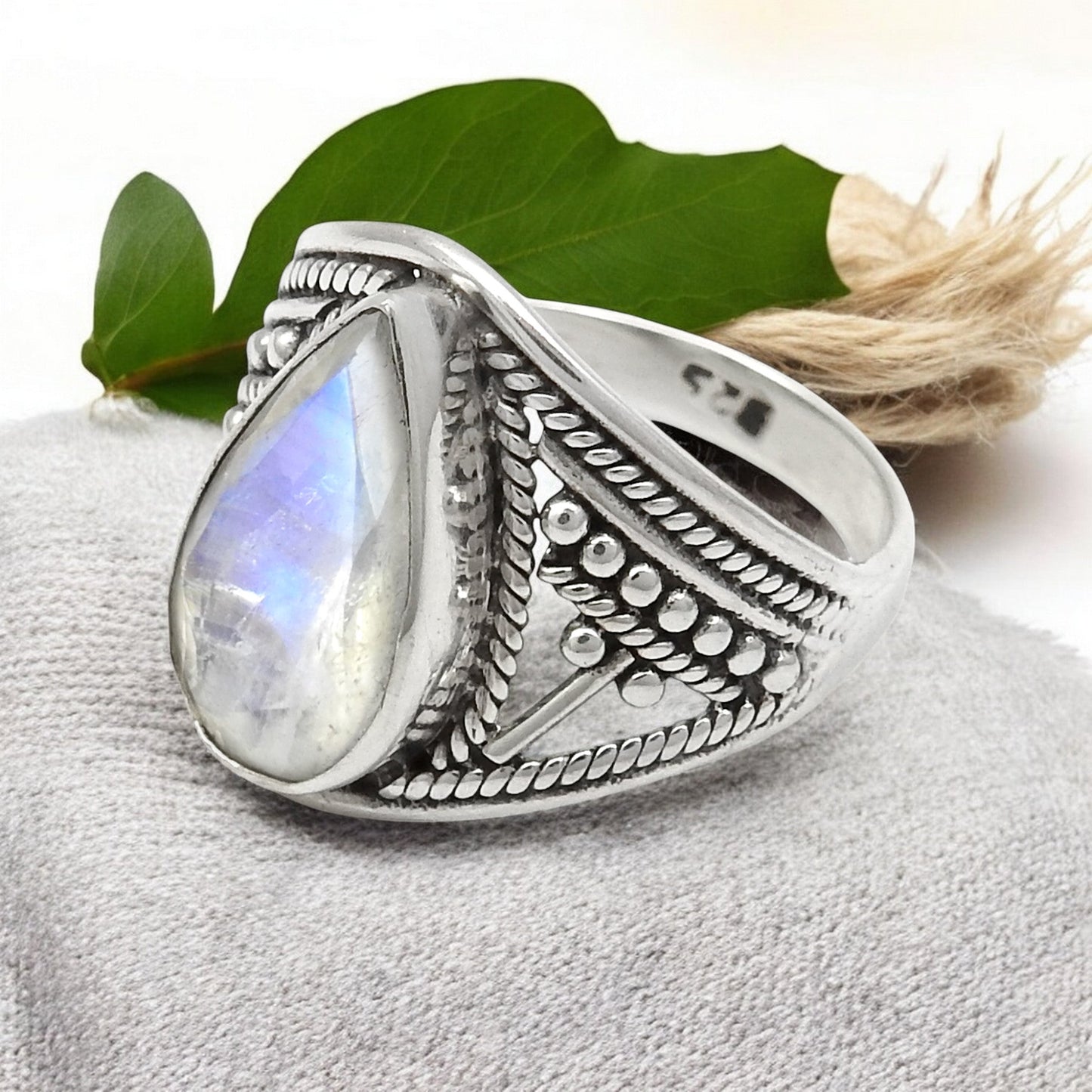 Rainbow Moonstone Sterling Silver Handmade Cocktail Ring Size 6.5