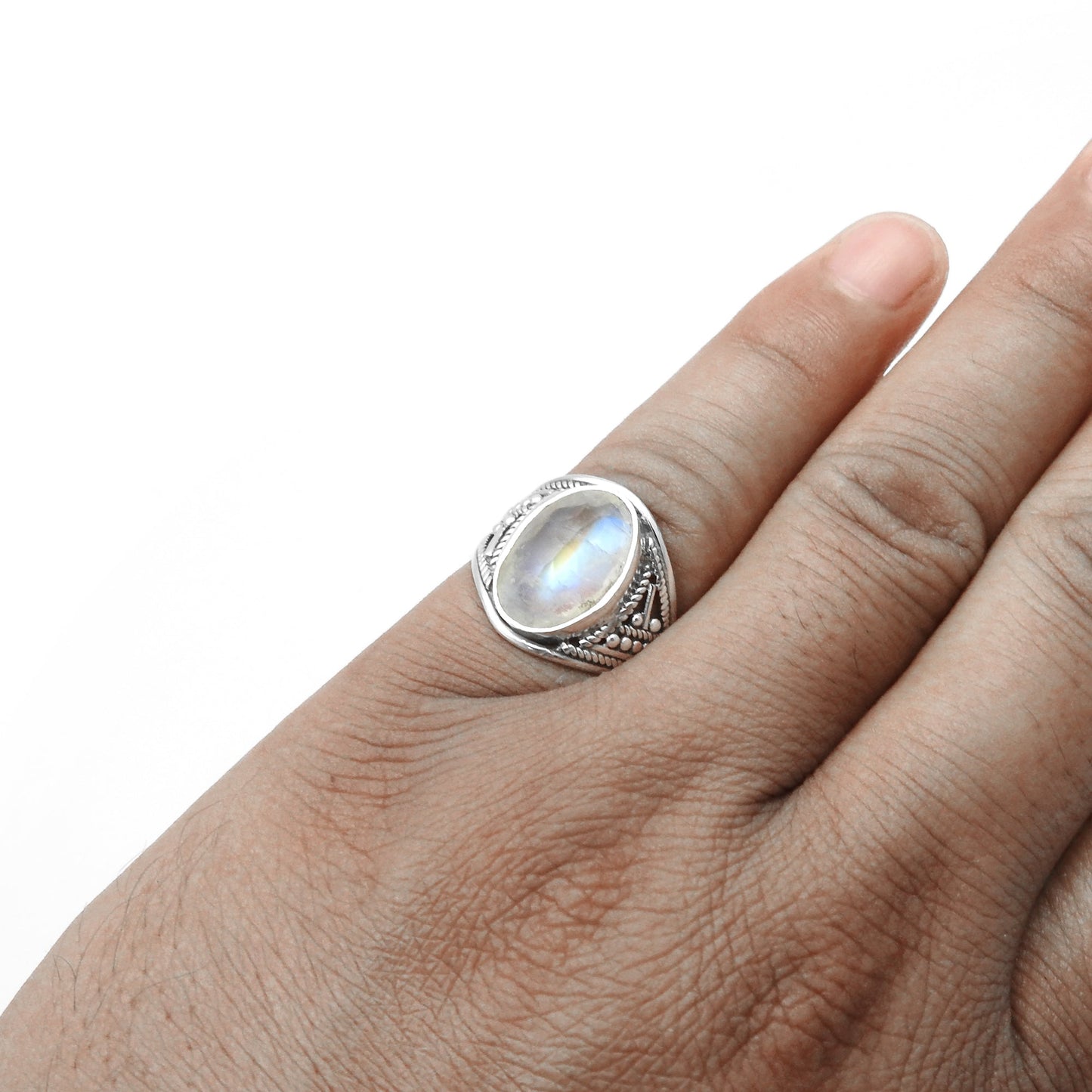 Rainbow Moonstone Sterling Silver Bezel Cocktail Boho Ring Size 6.5