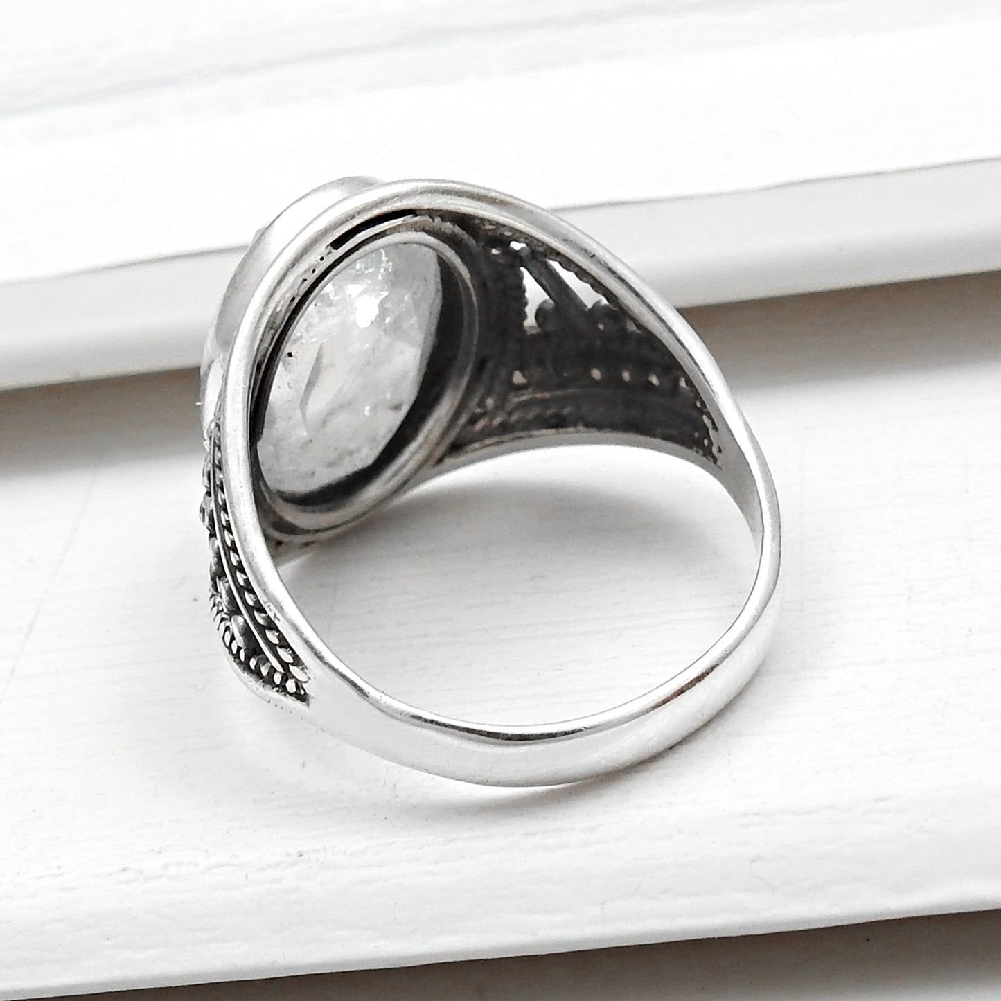 Rainbow Moonstone Sterling Silver Bezel Cocktail Boho Ring Size 6.5