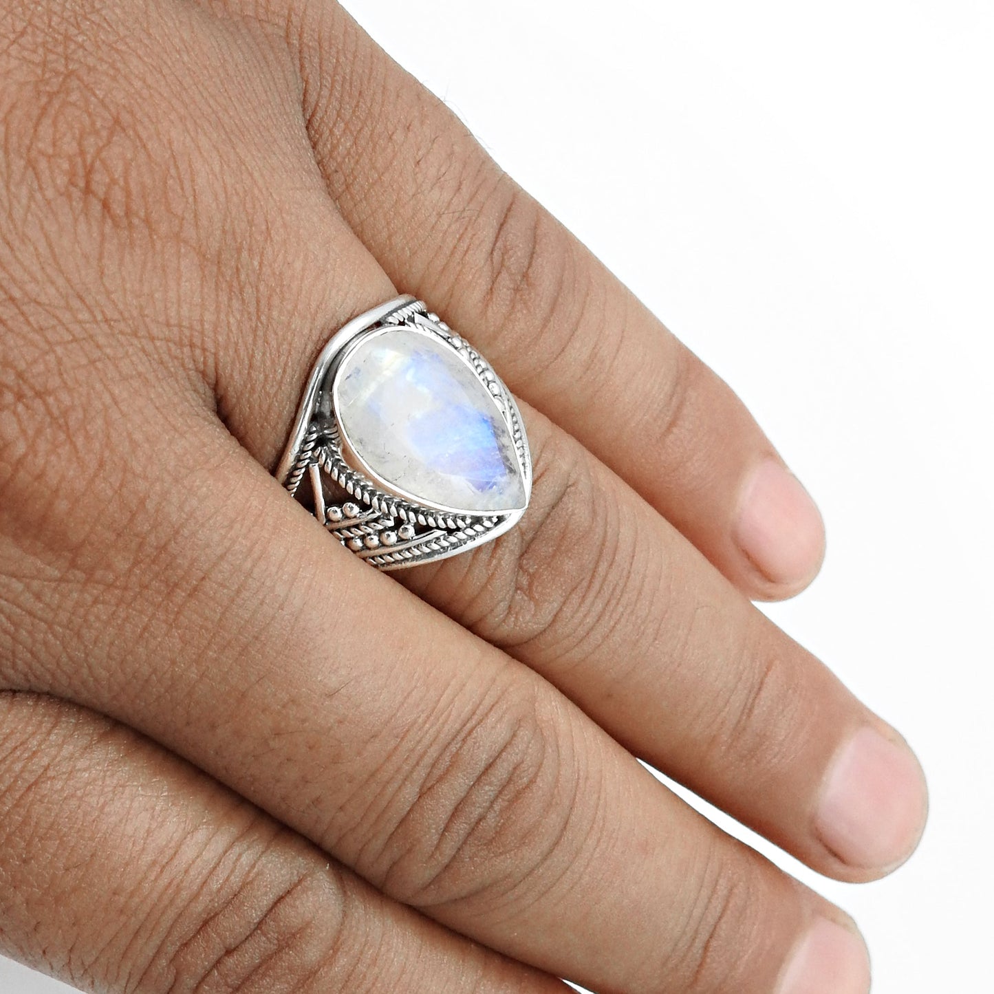 Natural Rainbow Moonstone Solid 925 Sterling Silver Ring Size 8.5