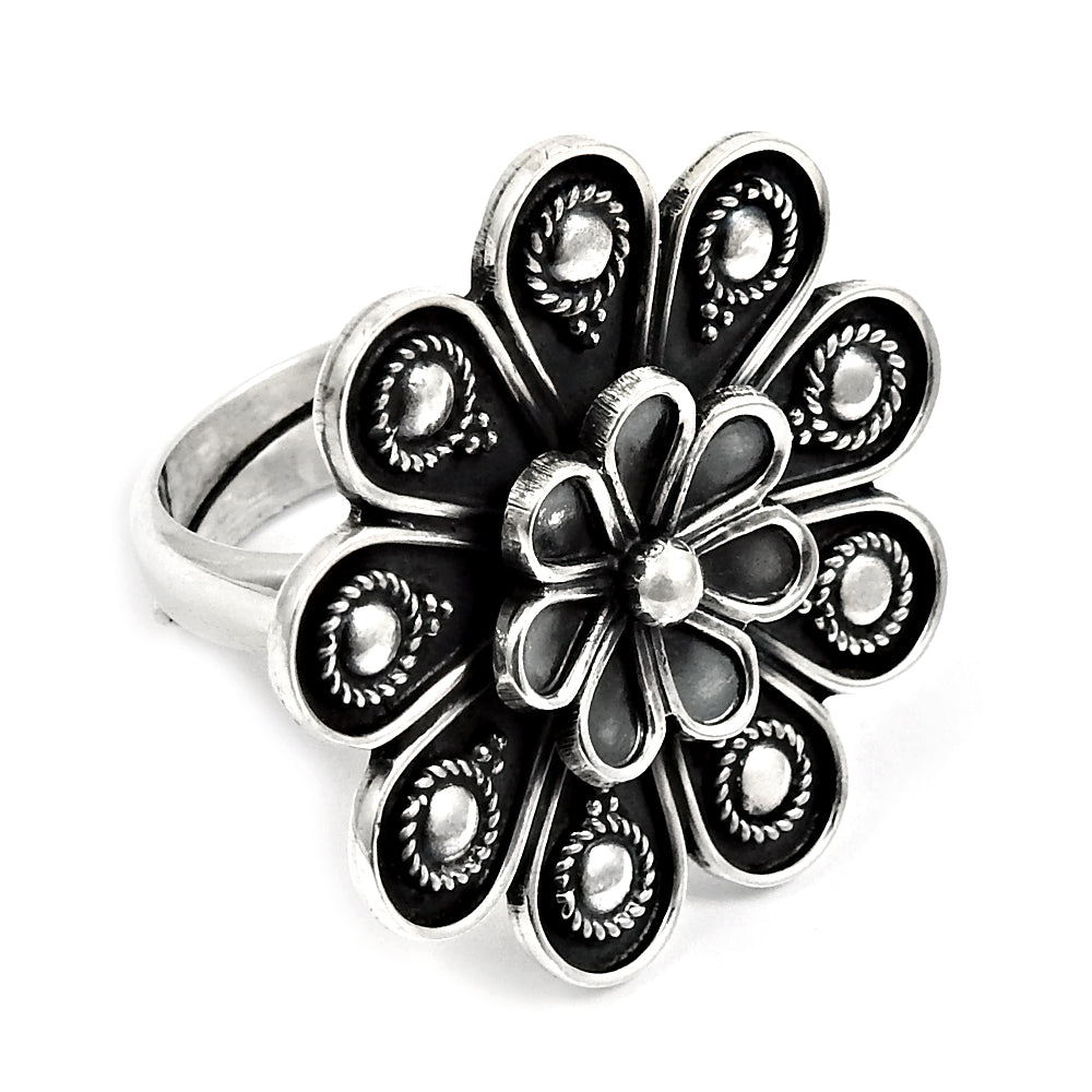 Indian Artisan 925 Solid Sterling Silver Statement Flower Ring