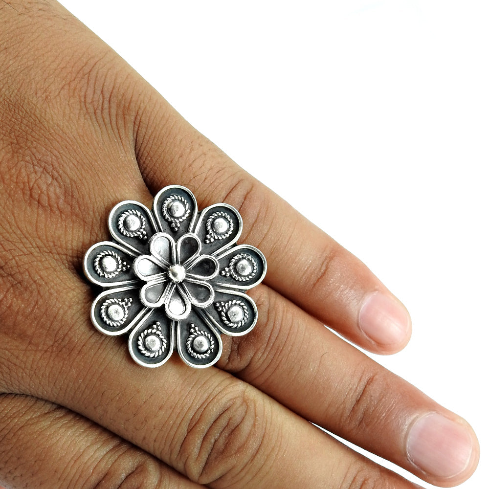 Indian Artisan 925 Solid Sterling Silver Statement Flower Ring