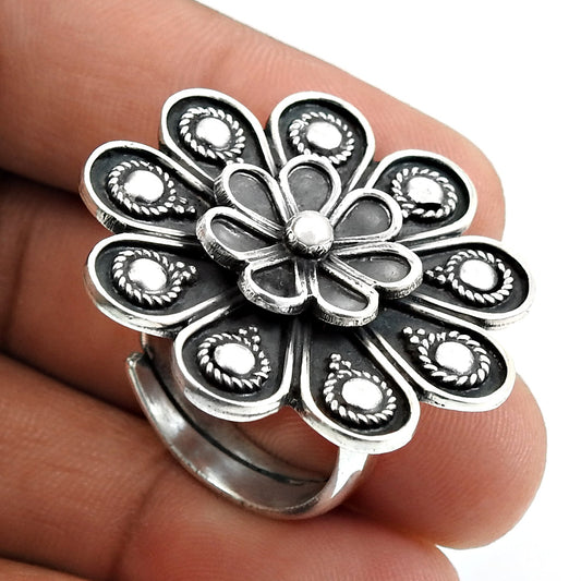 Indian Artisan 925 Solid Sterling Silver Statement Flower Ring