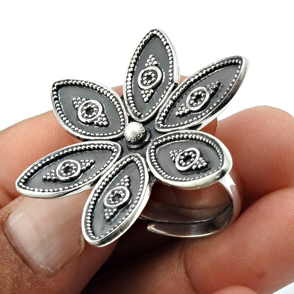 925 Sterling Oxidized Silver Band Flower Ring Handcrafted Jewelry Y3