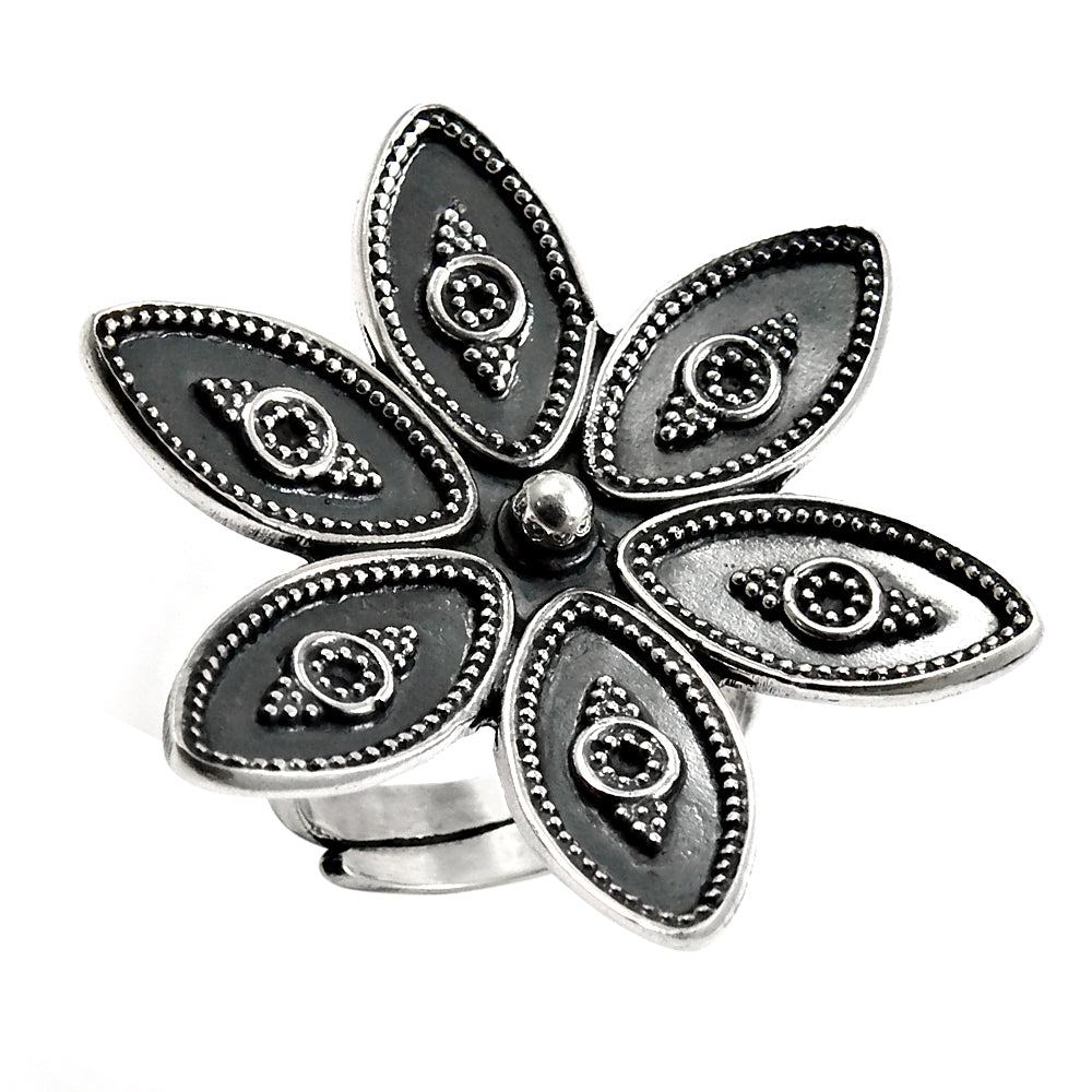 925 Sterling Oxidized Silver Band Flower Ring Handcrafted Jewelry Y3