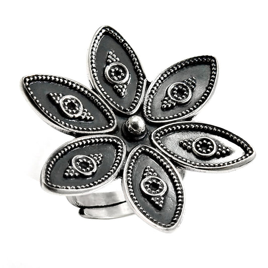 925 Sterling Oxidized Silver Band Flower Ring Handcrafted Jewelry Y3