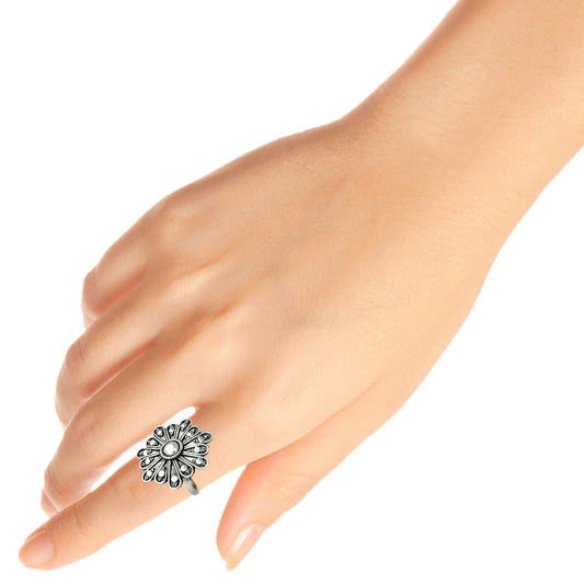 Flower Ring Vintage 925 Silver Handmade Oxidized Band Woman Gift